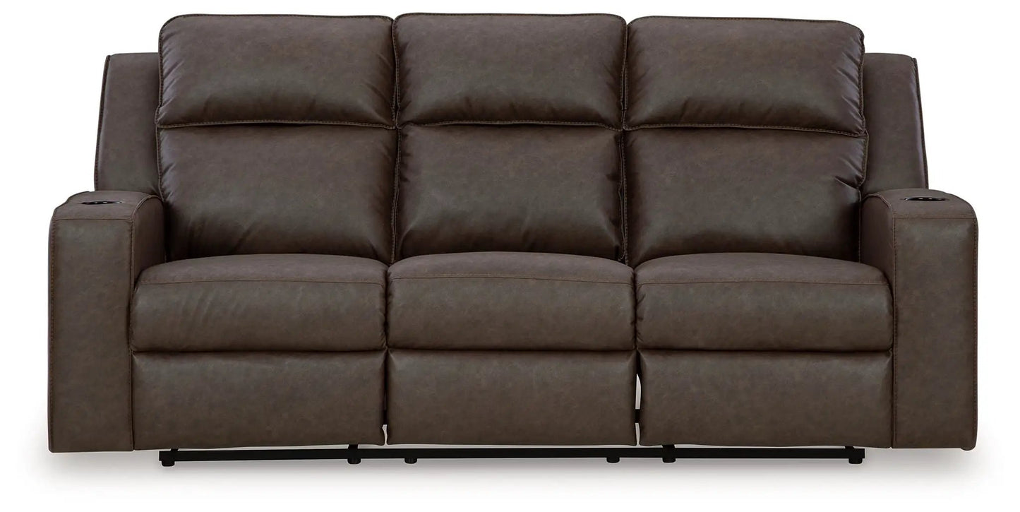 Lavenhorne reclining sofa with drop-down table in granite brown leather, 3-seat w cup holders on Tampa Home & Garden Store