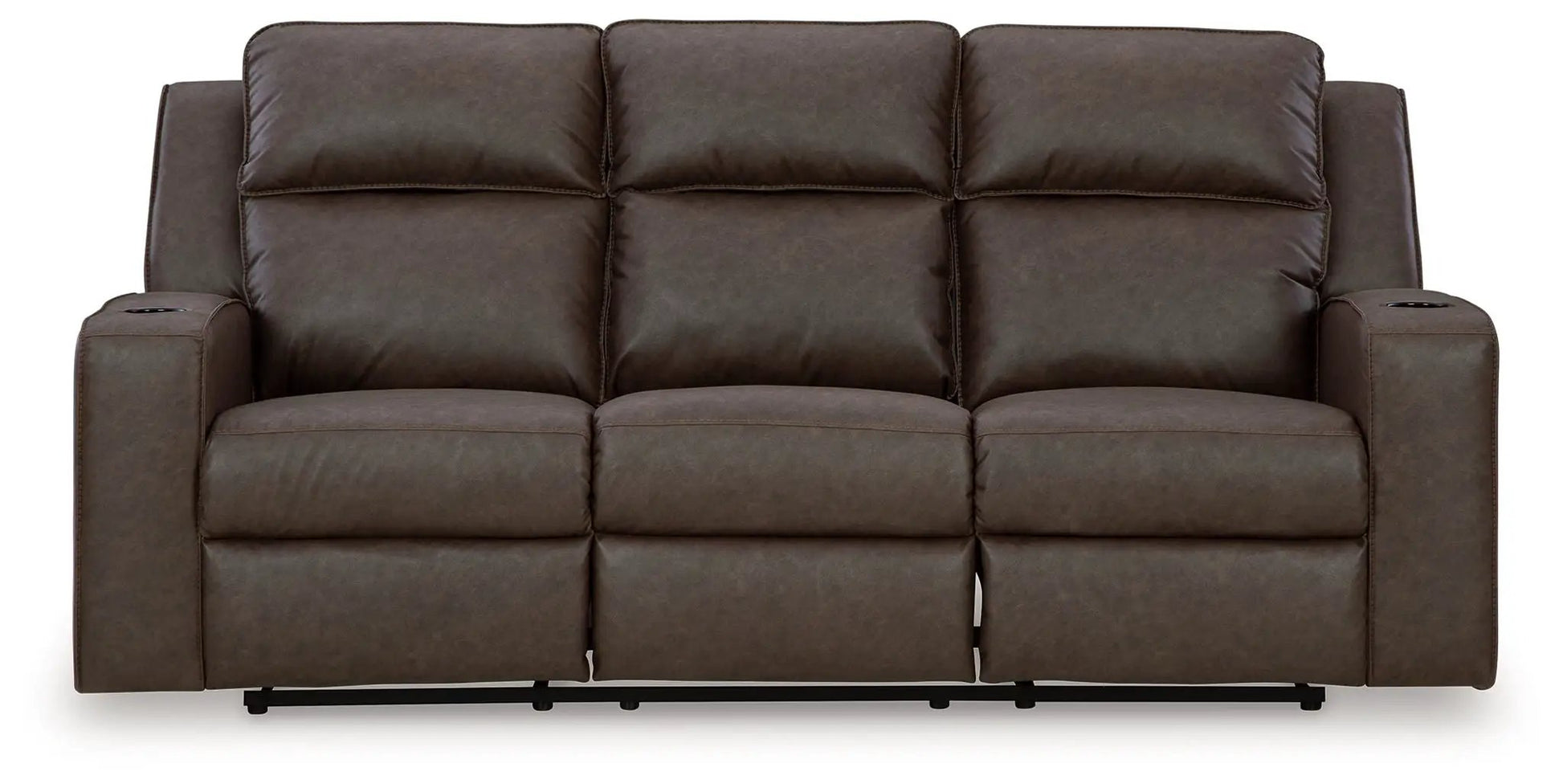 Lavenhorne reclining sofa with drop-down table in granite brown leather, 3-seat w cup holders on Tampa Home & Garden Store