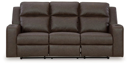 Lavenhorne reclining sofa with drop-down table in granite brown leather, 3-seat w cup holders on Tampa Home & Garden Store