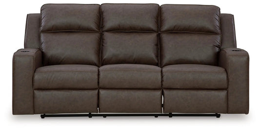 Lavenhorne reclining sofa with drop-down table in granite brown leather, 3-seat w cup holders on Tampa Home & Garden Store
