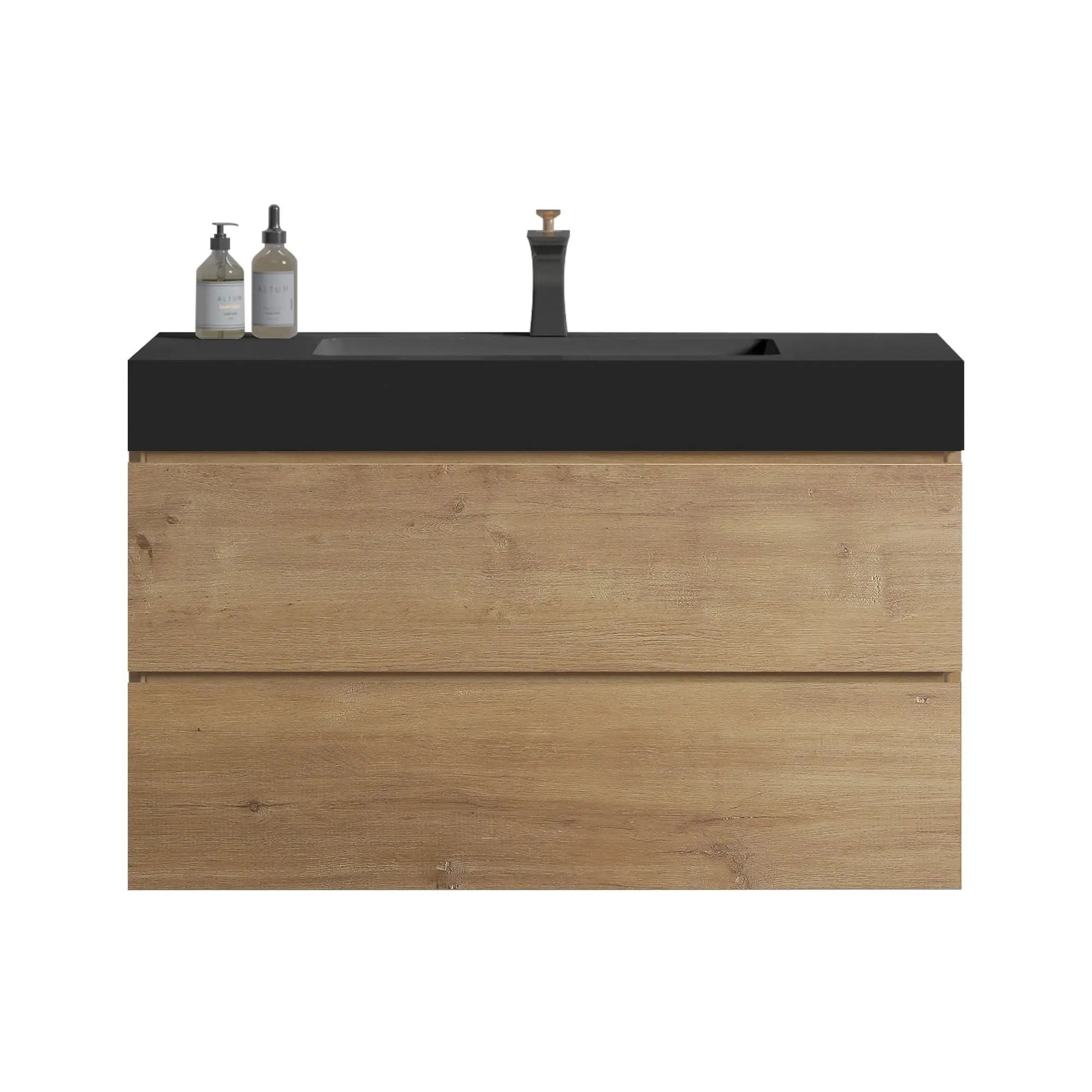 Alice natural oak bathroom vanity with sink, black countertop, wall-mounted floating storage on Tampa Home & Garden Store