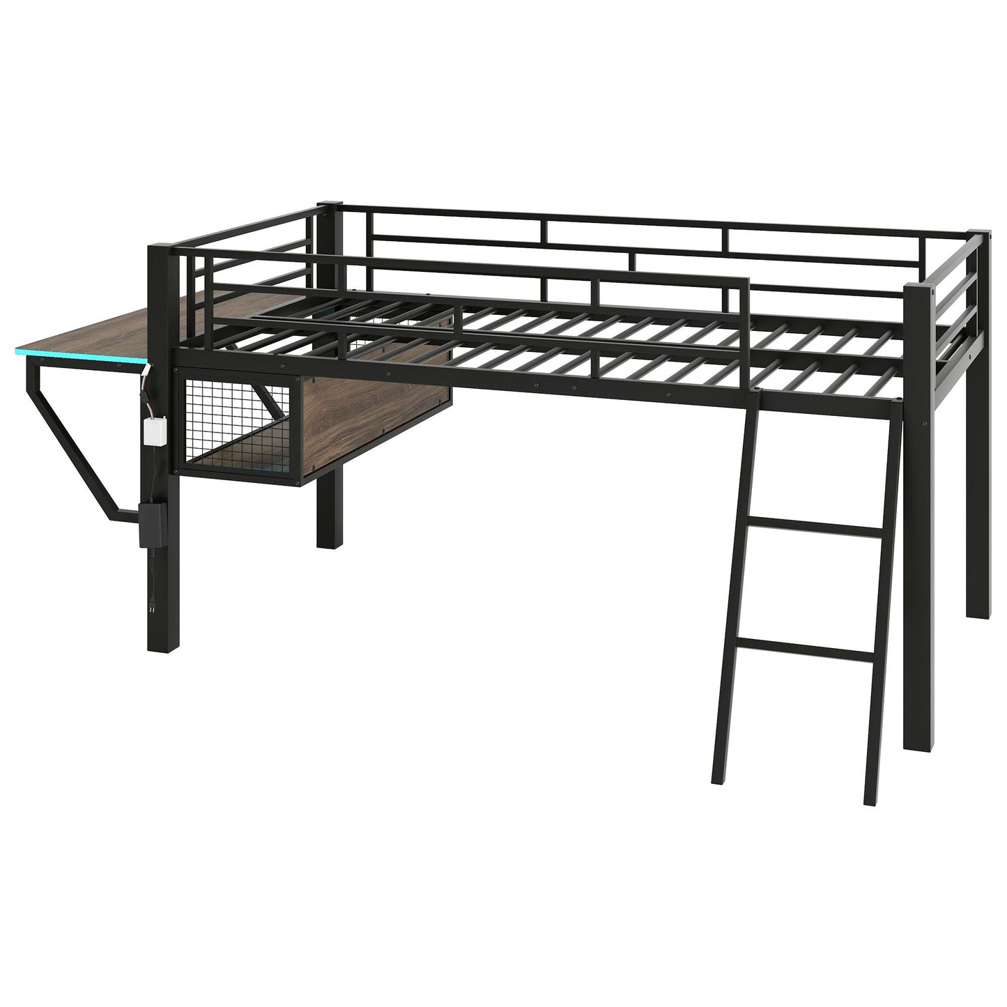 Twin loft bed by HouseOfZazla with desk and LED, black metal frame on Tampa Home & Garden Store