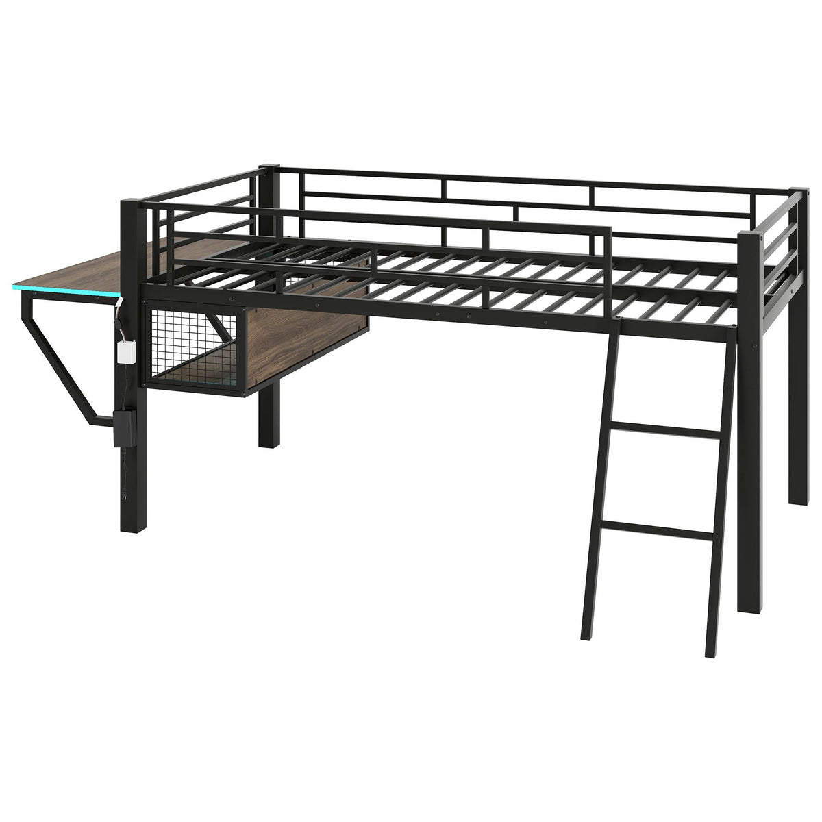 Twin loft bed by HouseOfZazla with desk and LED, black metal frame on Tampa Home & Garden Store