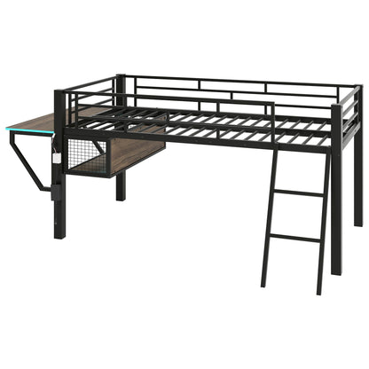 Twin loft bed by HouseOfZazla with desk and LED, black metal frame on Tampa Home & Garden Store