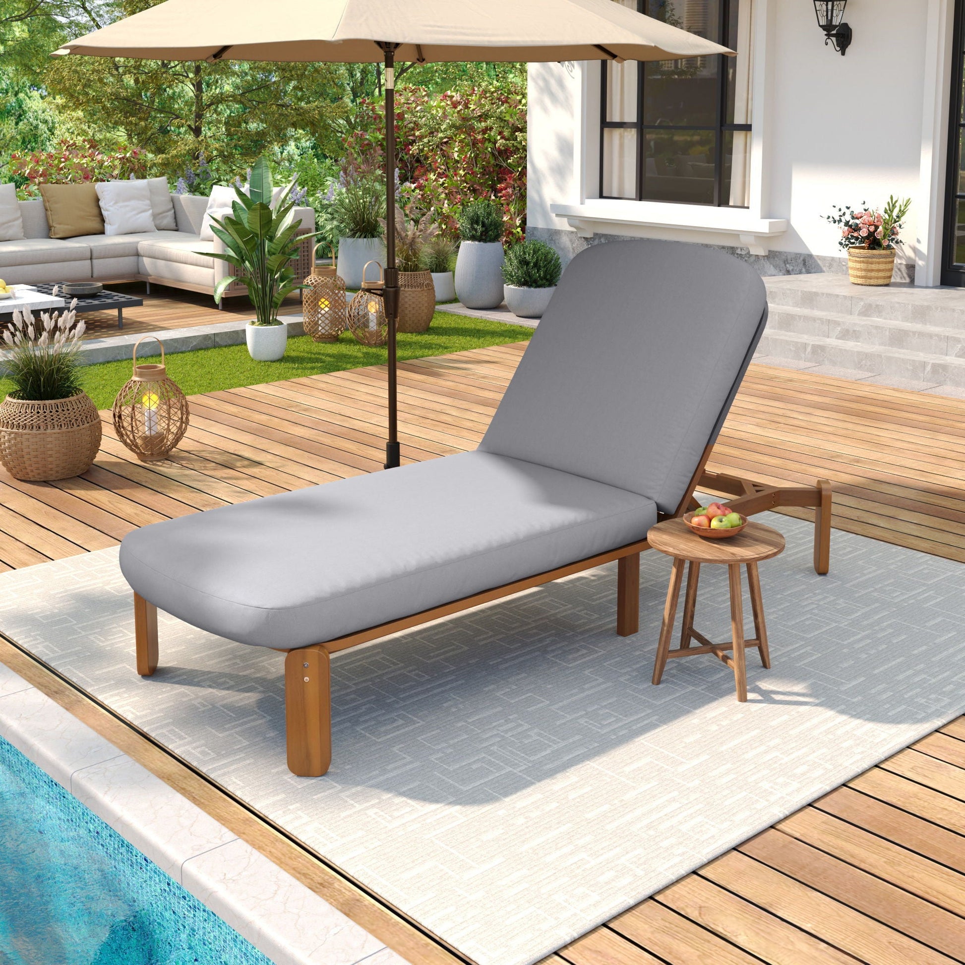 Outdoor Chaise Lounge with adjustable backrest in grey cushion on wooden legs HouseOfZazla on Tampa Home & Garden Store