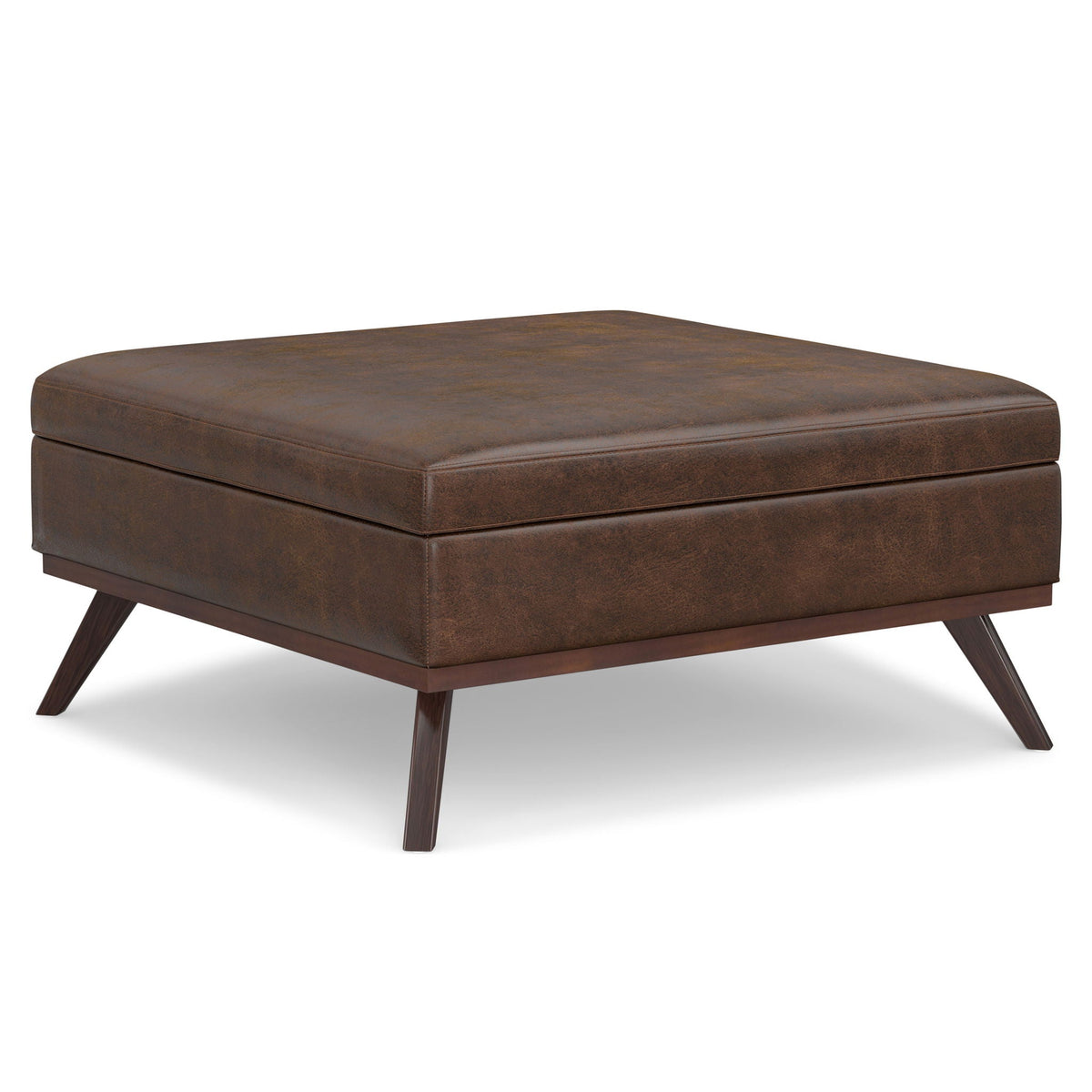 Square Lift Top Coffee Table and Storage Ottoman brown distressed leather with angled legs on Tampa Home & Garden Store