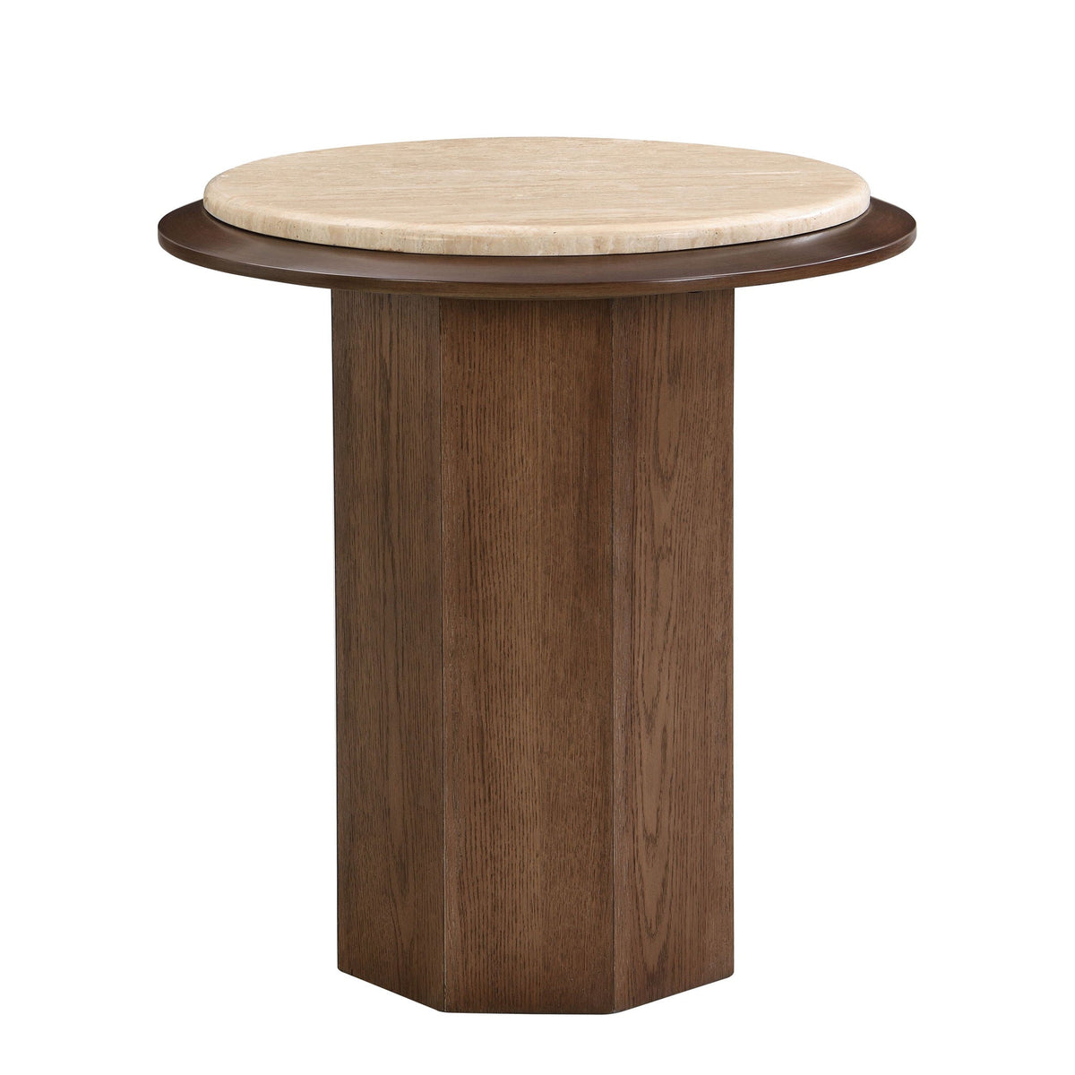 Walnut End Table with Travertine Top, round beige stone on dark walnut base on Tampa Home & Garden Store
