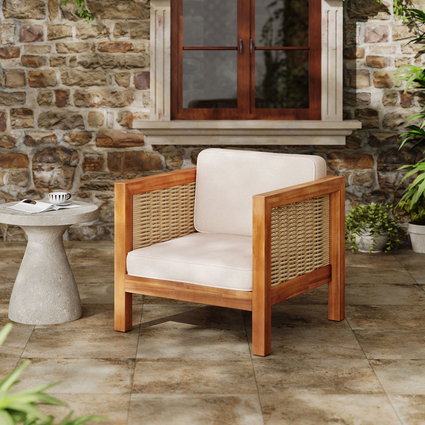 Outdoor club chair with rope arms, beige cushions, teak frame HouseOfZazla on Tampa Home & Garden Store