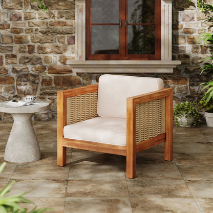 Outdoor club chair with rope arms, beige cushions, teak frame HouseOfZazla on Tampa Home & Garden Store