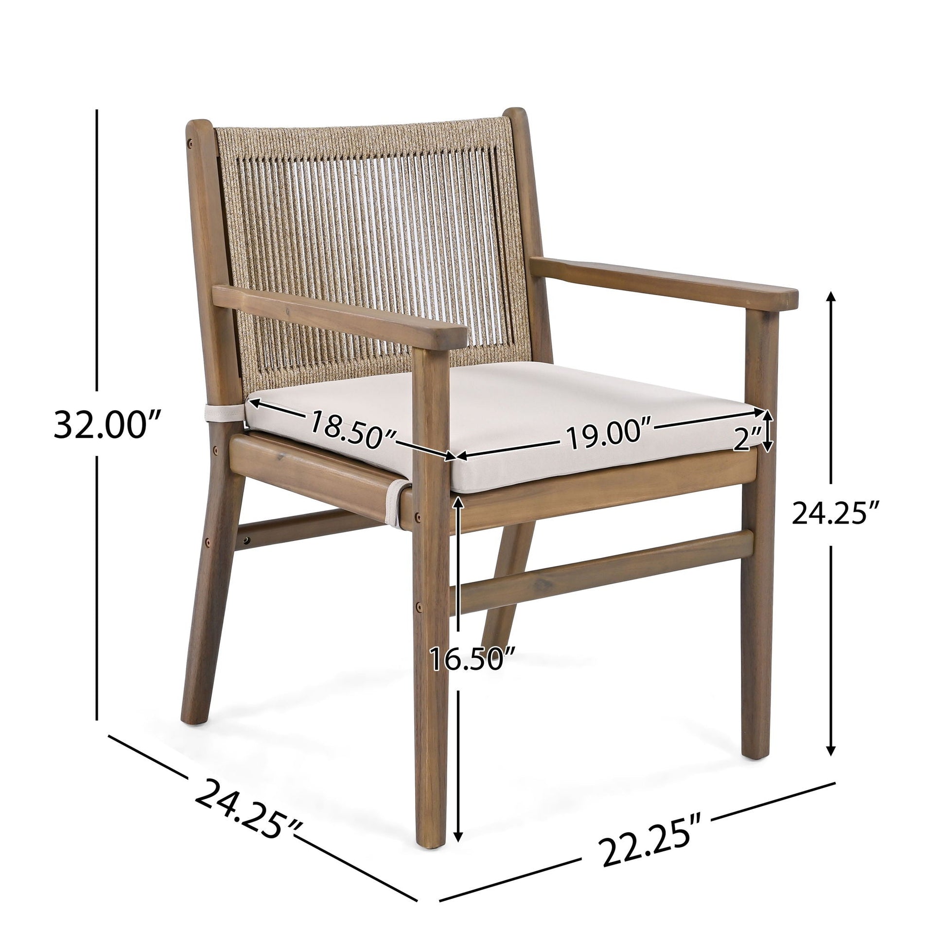 Outdoor Acacia Wood Patio Dining Armchairs Set of 2 HouseOfZazla, woven rope back brown wood on Tampa Home & Garden Store
