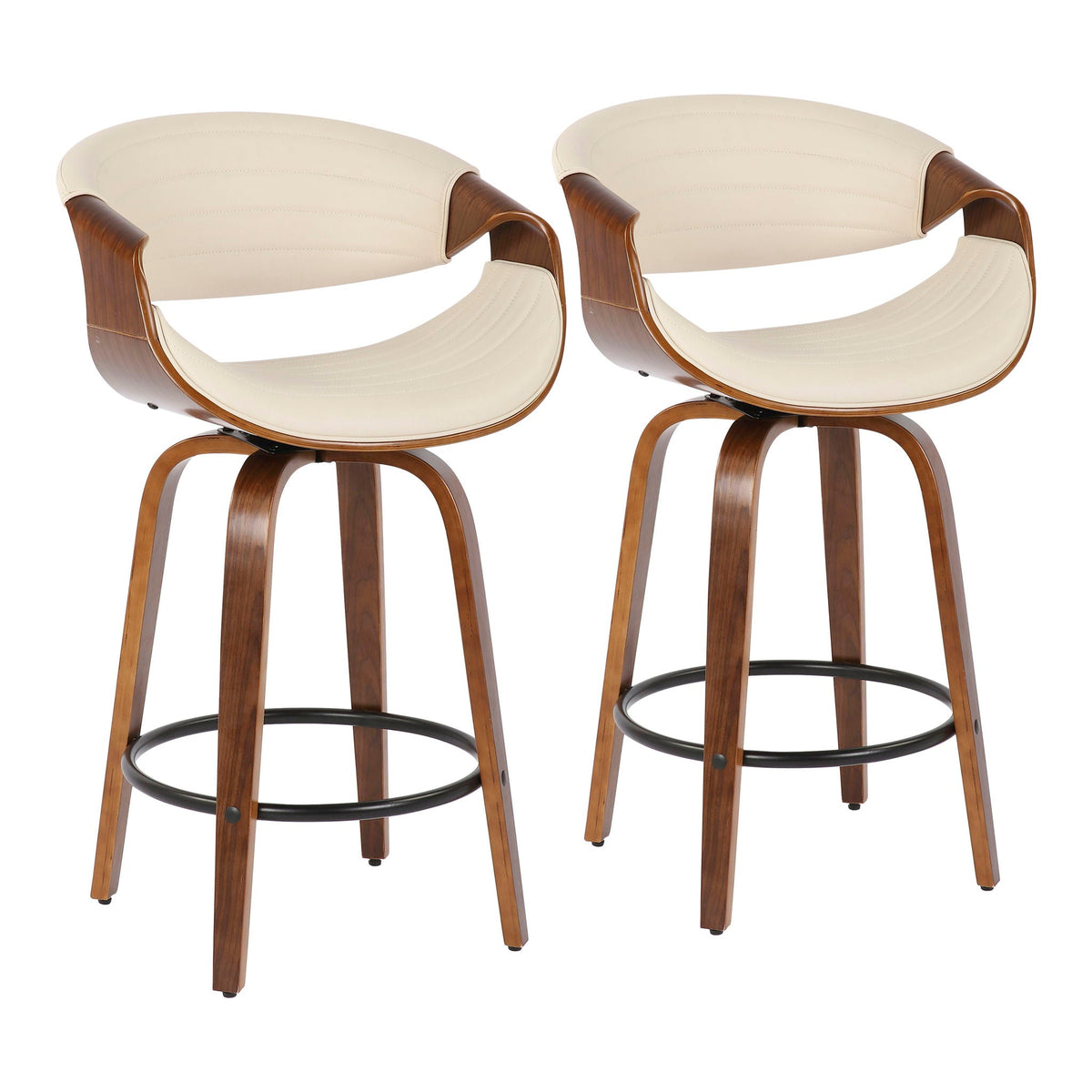 Counter stools set of 2, beige tufted upholstery with walnut curved arms and swivel bases on Tampa Home & Garden Store