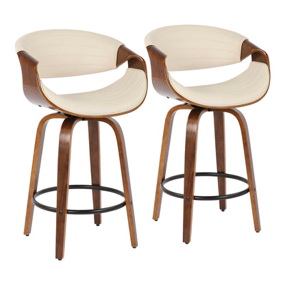 Counter stools set of 2, beige tufted upholstery with walnut curved arms and swivel bases on Tampa Home & Garden Store