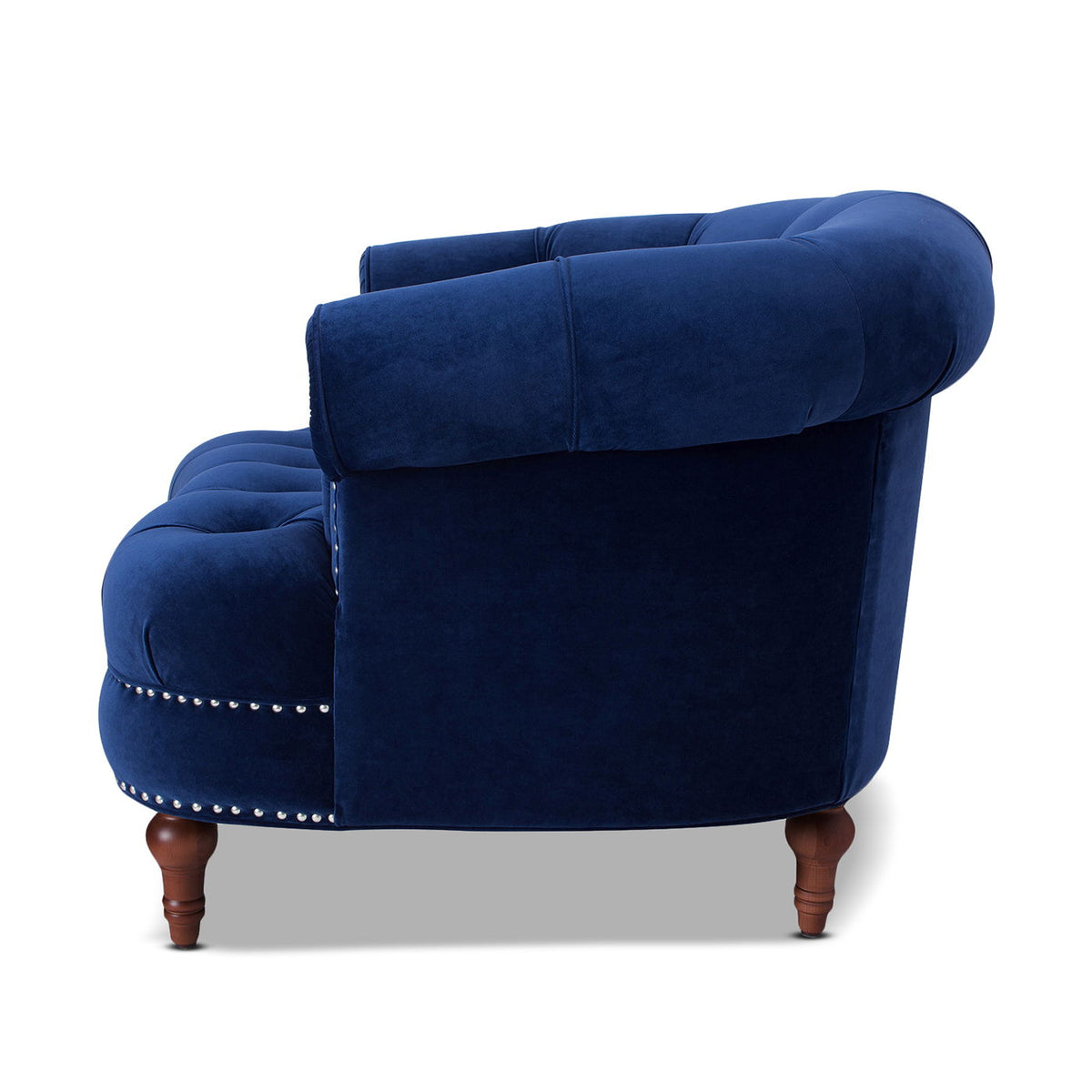 Blue velvet Victorian tufted accent chair with nailhead trim and curved wooden legs on Tampa Home & Garden Store