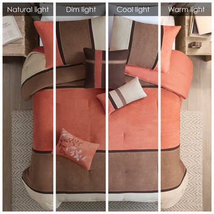7 Piece Faux Suede Comforter Set - Coral King bedding by HouseOfZazla in coral tones on bed on Tampa Home & Garden Store