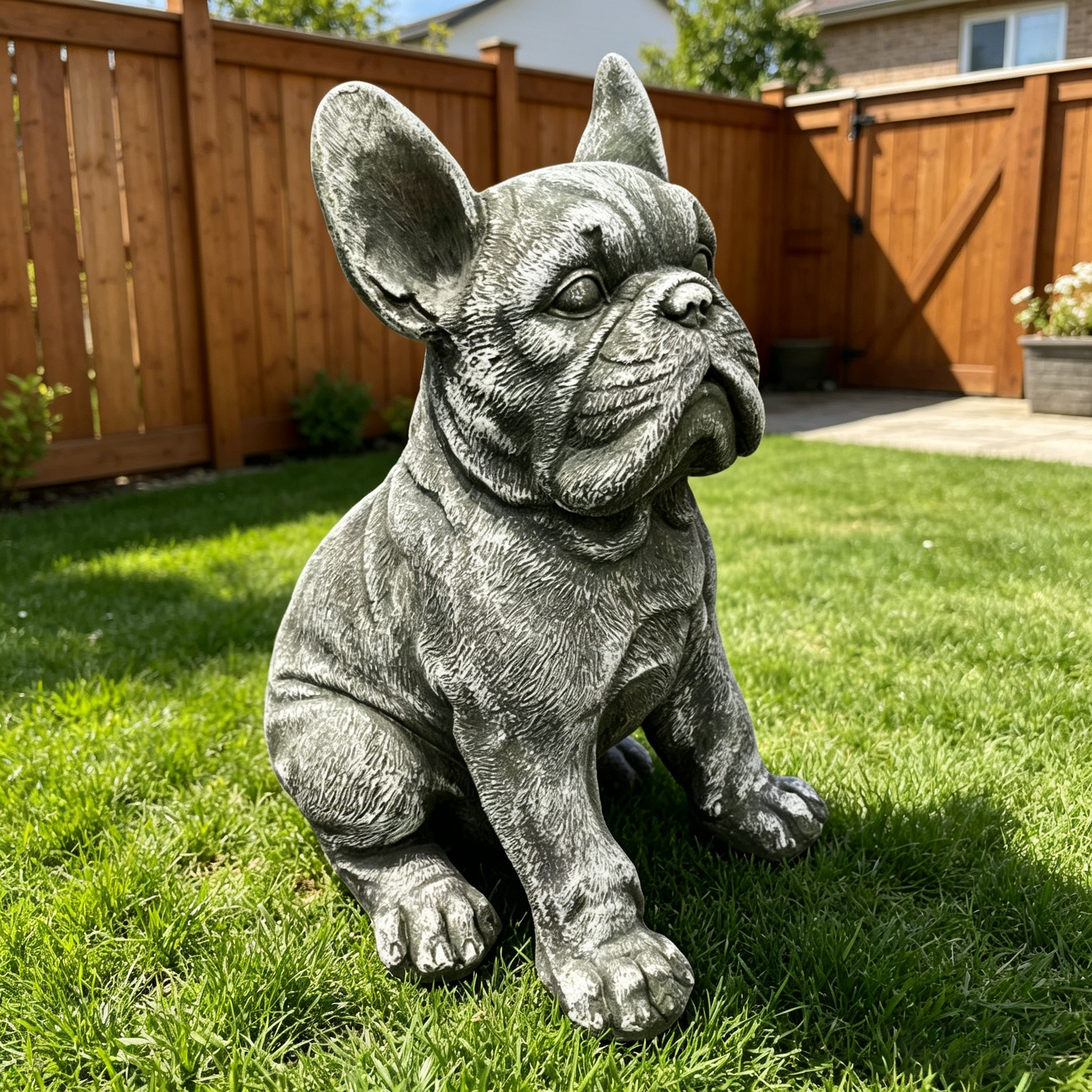 16in outdoor weatherproof French Bulldog statue in gray stone by HouseOfZazla for garden decor on Tampa Home & Garden Store
