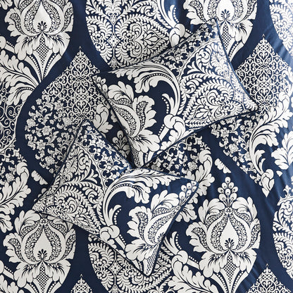 7 Piece Cotton Comforter Set Indigo Cal King by HouseOfZazla with damask print and shams on Tampa Home & Garden Store