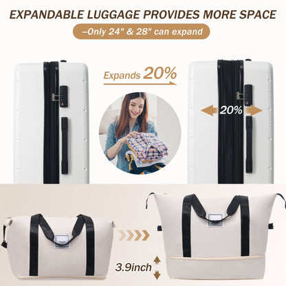 HouseOfZazla 5-Piece Hardside Luggage Set with USB Port, white expandable suitcases 2 shown on Tampa Home & Garden Store