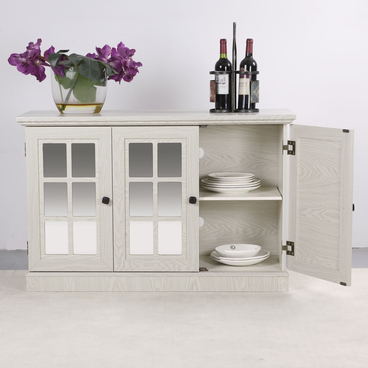 Storage cabinet with 3-door mirrored acrylic doors and adjustable shelves in light wood on Tampa Home & Garden Store