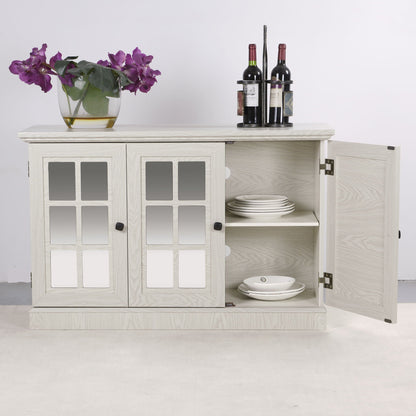 Storage cabinet with 3-door mirrored acrylic doors and adjustable shelves in light wood on Tampa Home & Garden Store