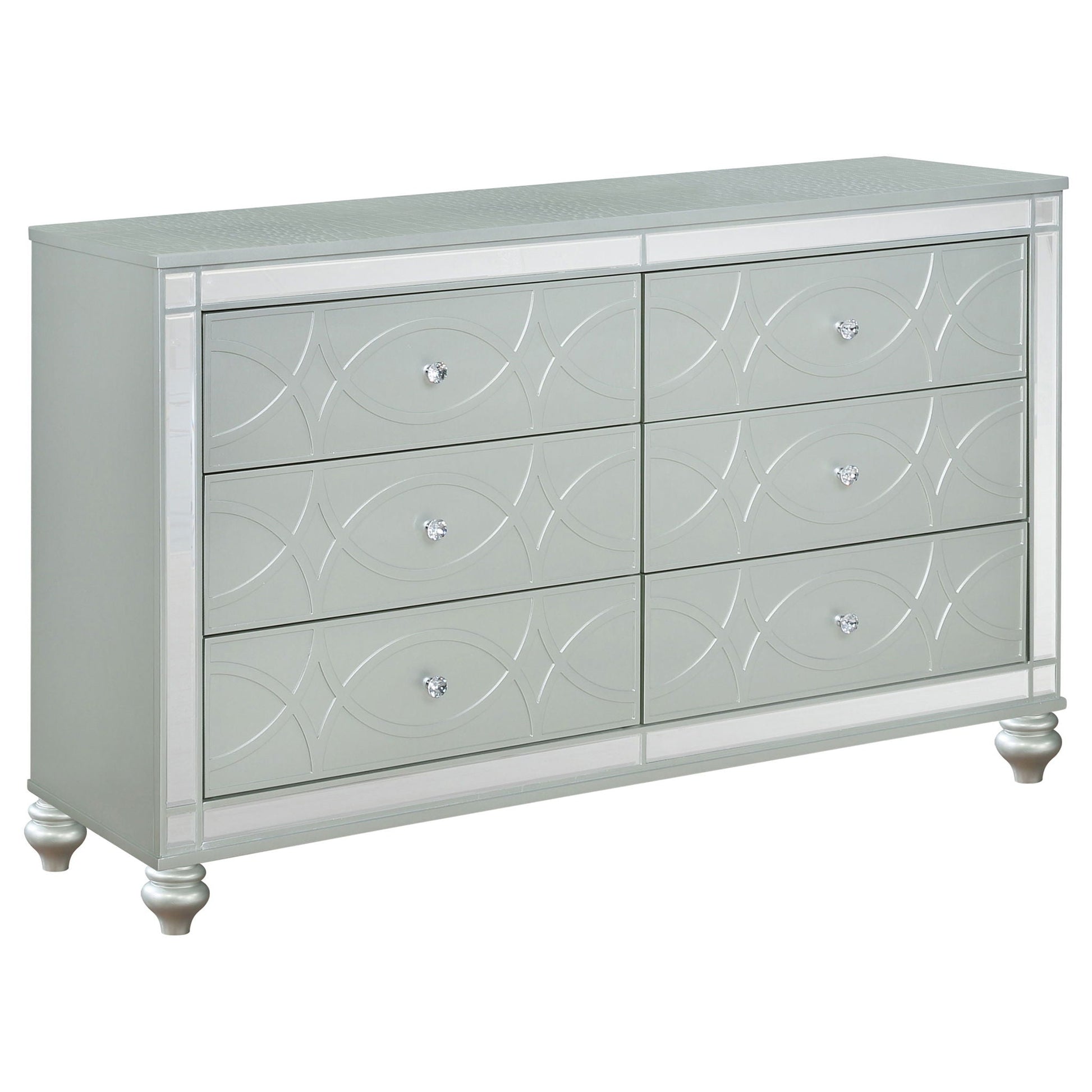 Arabesque mirrored dresser with etched circular patterns and crystal knobs in silver on Tampa Home & Garden Store