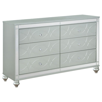 Arabesque mirrored dresser with etched circular patterns and crystal knobs in silver on Tampa Home & Garden Store