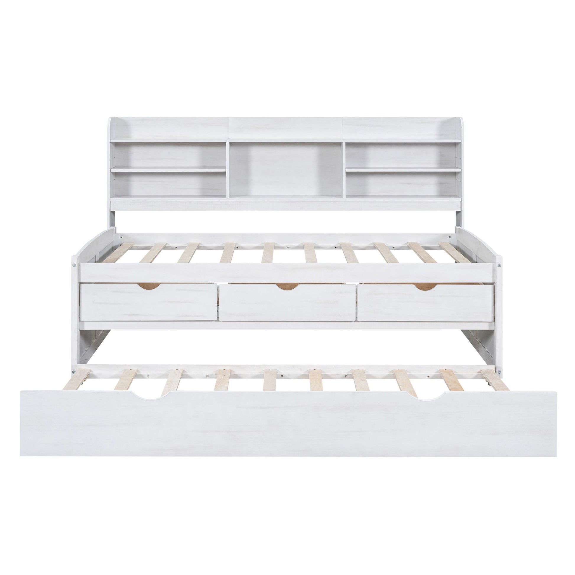 Captain Bed with built-in bookshelves, 3 storage drawers, white wood finish on Tampa Home & Garden Store