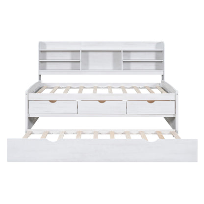 Captain Bed with built-in bookshelves, 3 storage drawers, white wood finish on Tampa Home & Garden Store