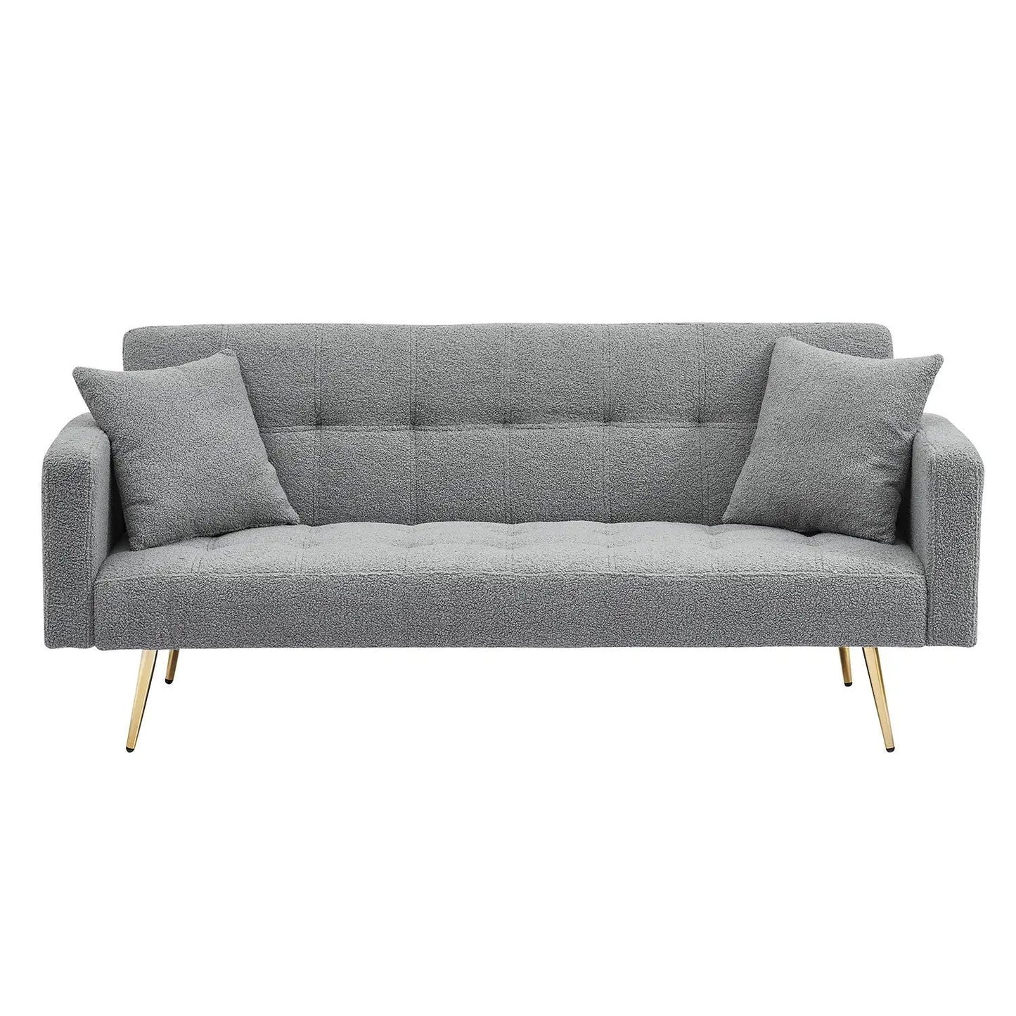 Teddy fleece futon sofa bed in grey with two plush throw pillows and gold metal legs on Tampa Home & Garden Store