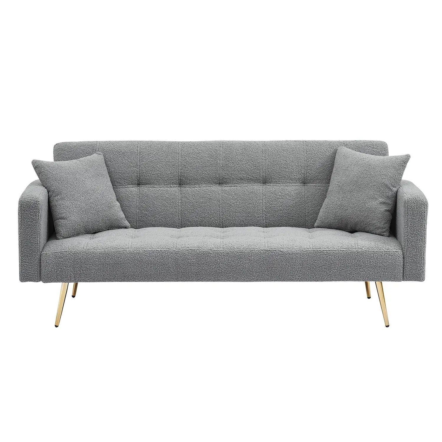 Teddy fleece futon sofa bed in grey with two plush throw pillows and gold metal legs on Tampa Home & Garden Store