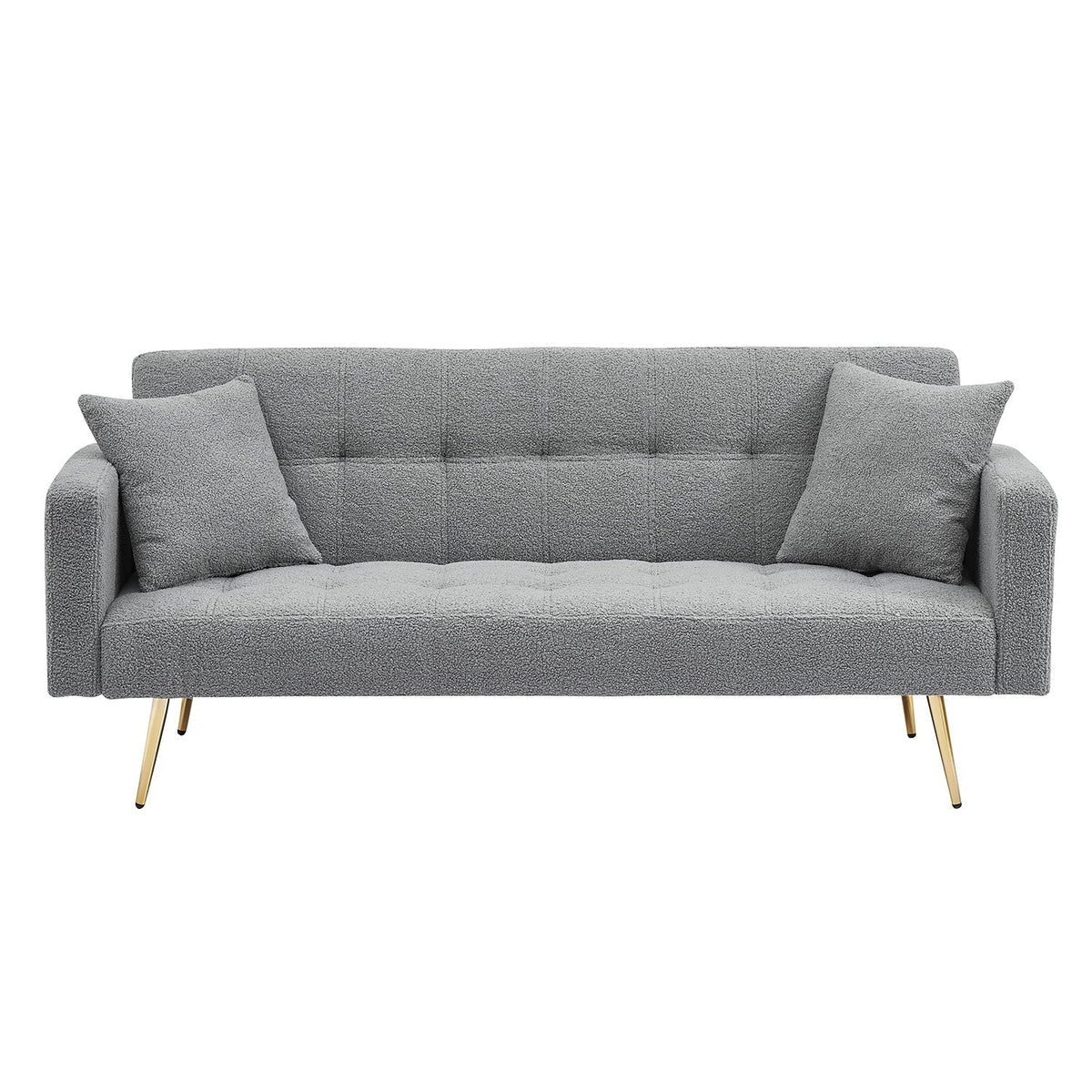 Grey teddy fleece futon sofa bed with two plush pillows and gold metal legs HouseOfZazla on Tampa Home & Garden Store