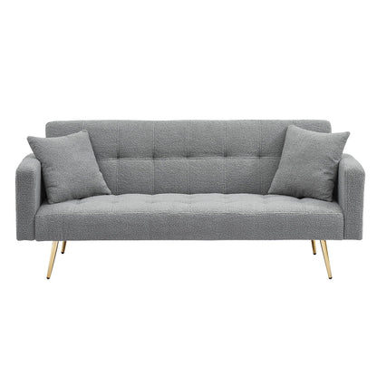 Grey teddy fleece futon sofa bed with two plush pillows and gold metal legs HouseOfZazla on Tampa Home & Garden Store