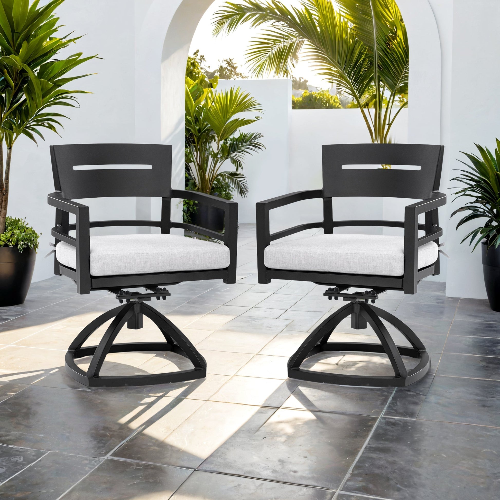 Outdoor patio aluminum swivel rocker chairs, 2pc set with Sunbrella cushions, black frames on Tampa Home & Garden Store