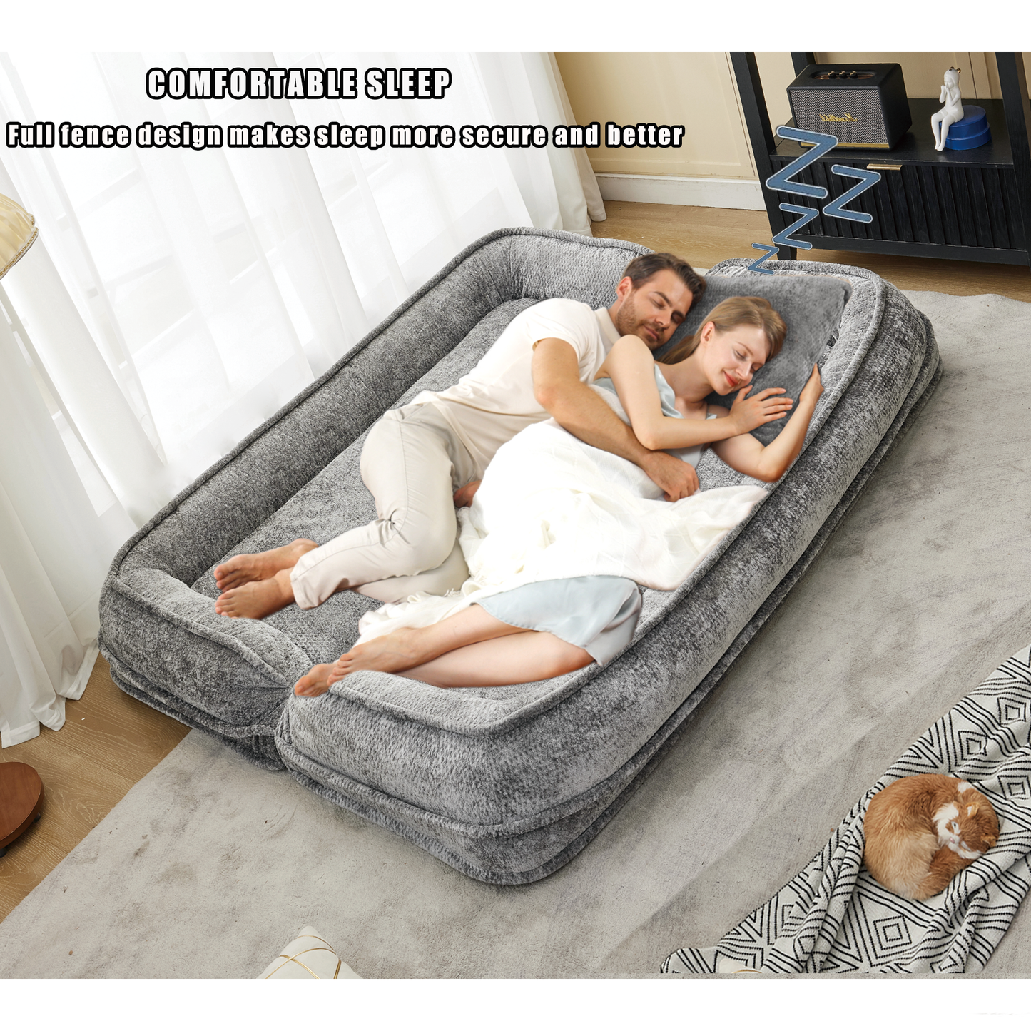 Double Human Dog Bed Loveseat extra large floor couch in gray plush fabric HouseOfZazla on Tampa Home & Garden Store