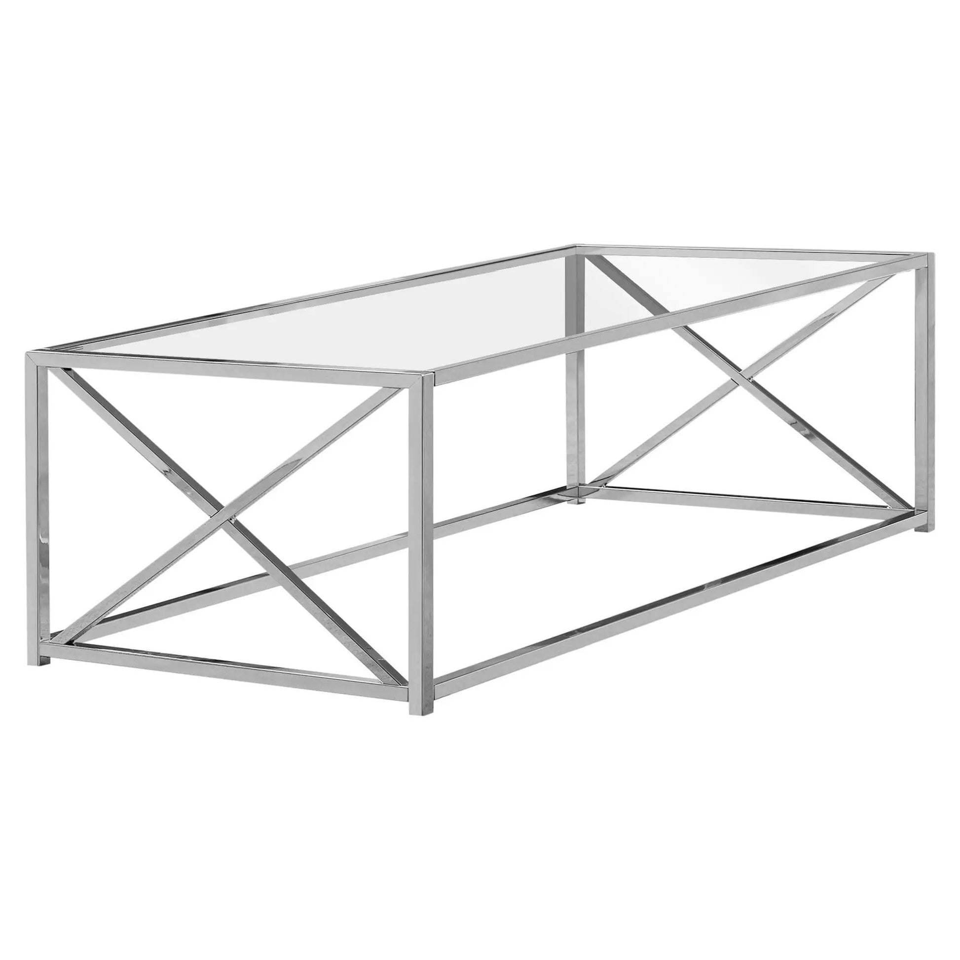 Rectangular chrome coffee table with glass top by Unique Piece Furniture crisscross frame on Tampa Home & Garden Store