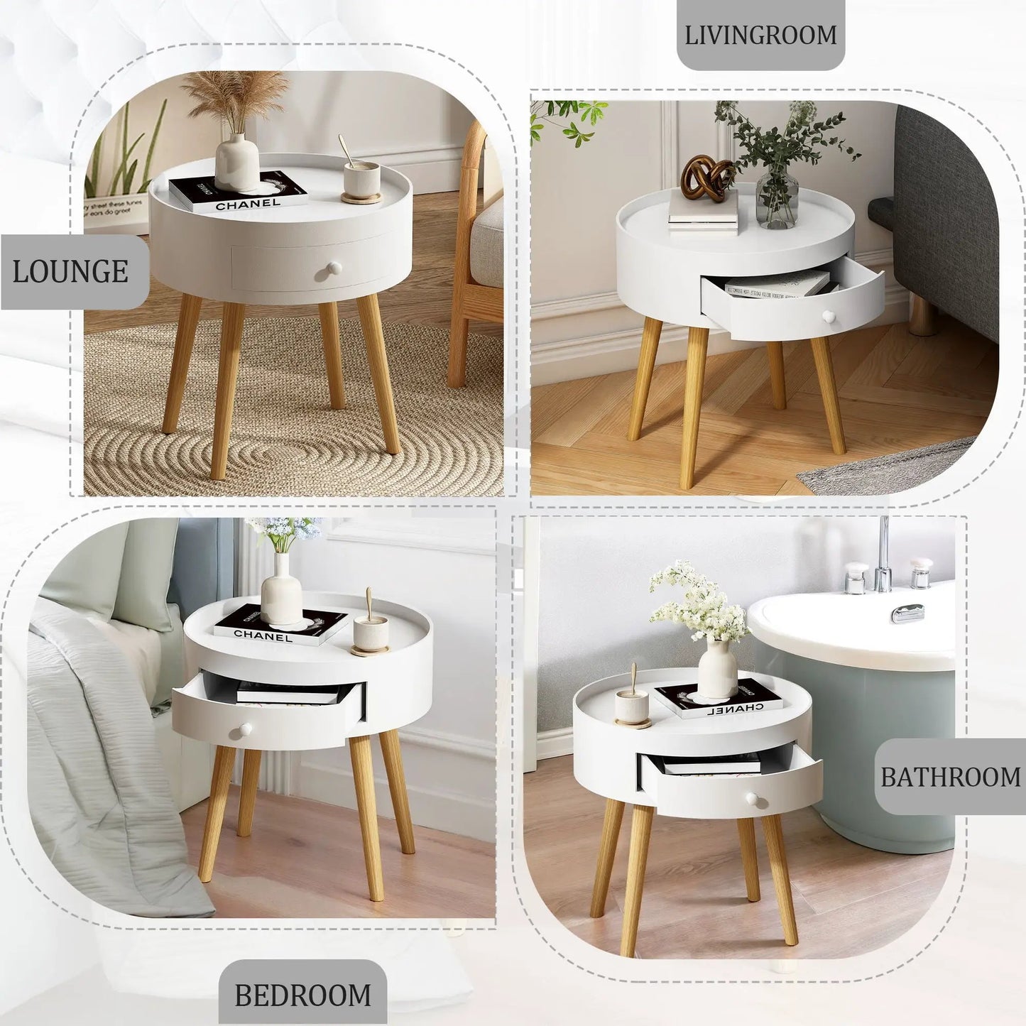 2 white round nightstands with storage drawer and wooden legs by Unique Piece Furniture on Tampa Home & Garden Store