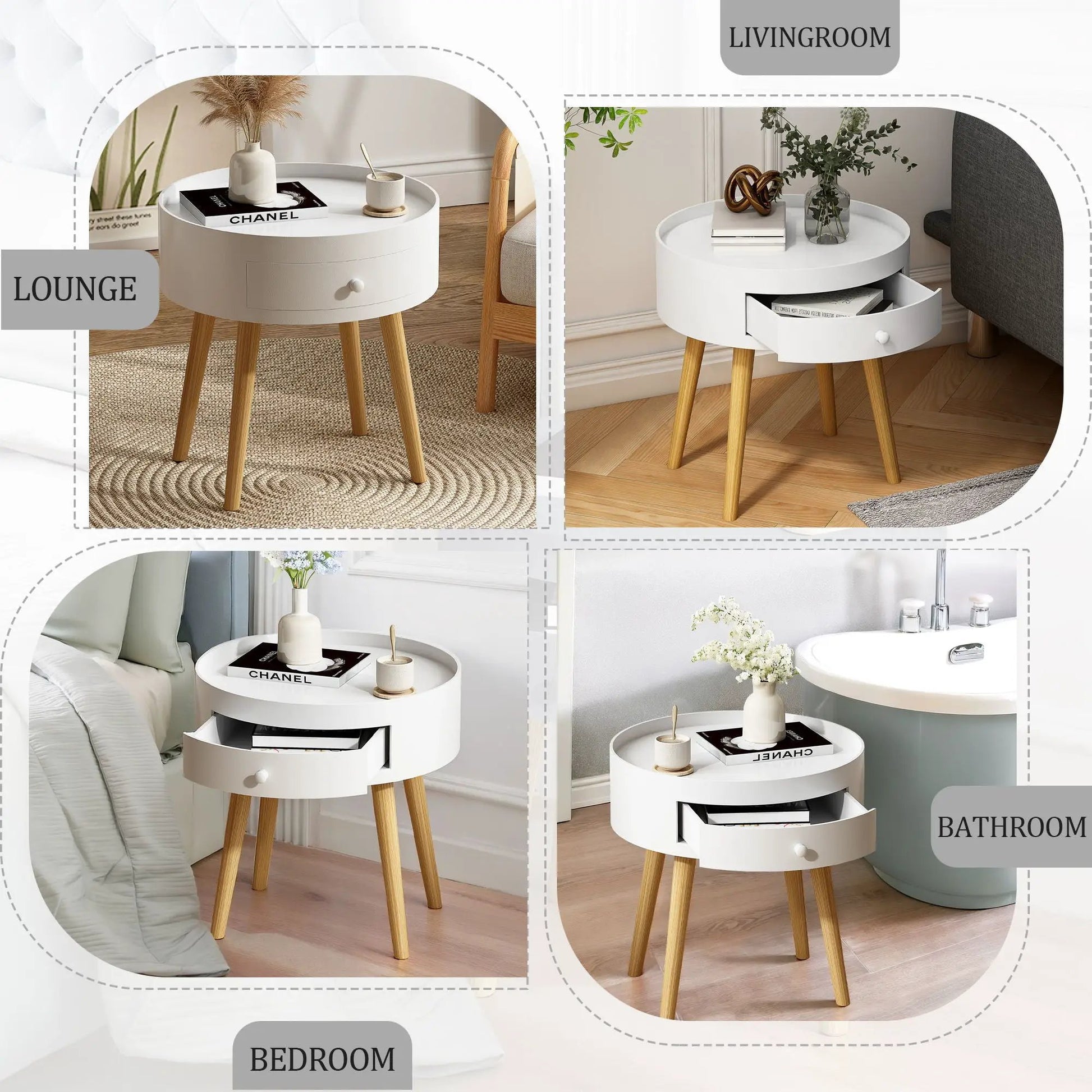 2 white round nightstands with storage drawer and wooden legs by Unique Piece Furniture on Tampa Home & Garden Store