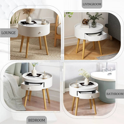 2 white round nightstands with storage drawer and wooden legs by Unique Piece Furniture on Tampa Home & Garden Store