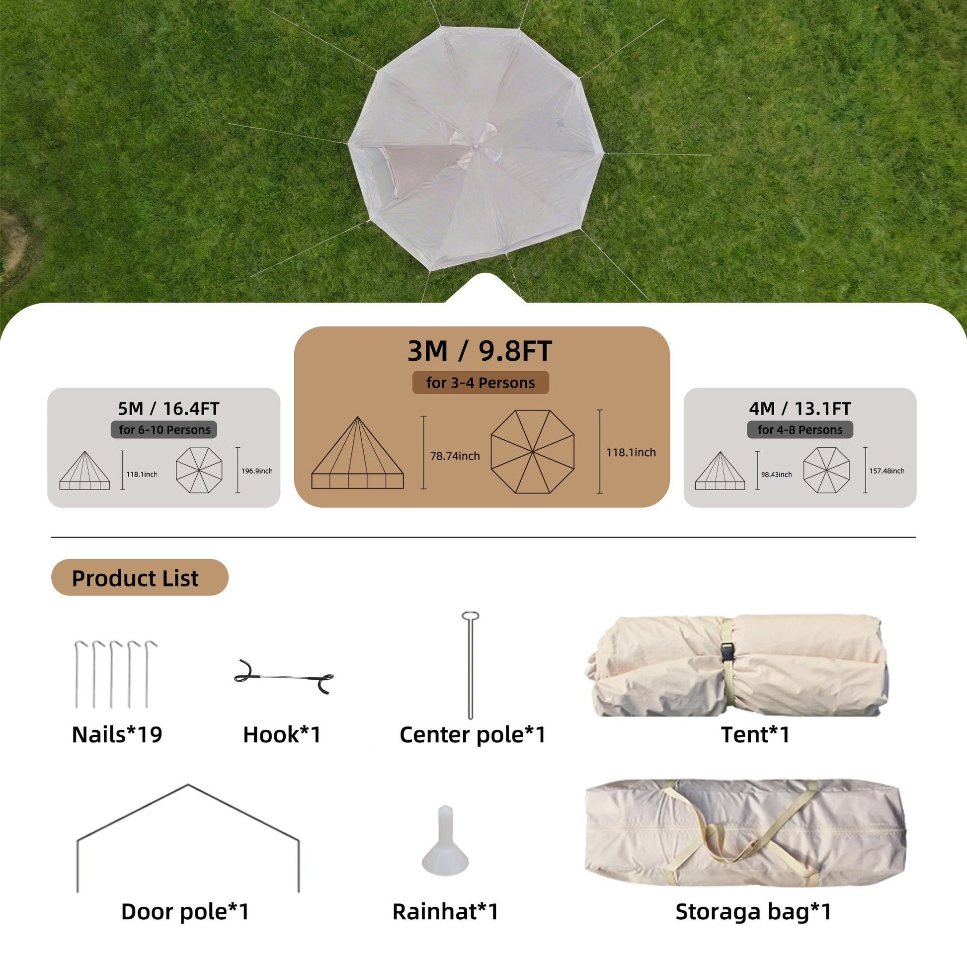 Bell tent 9.8 ft white, 4-season by HouseOfZazla aerial view on grass lawn on Tampa Home & Garden Store