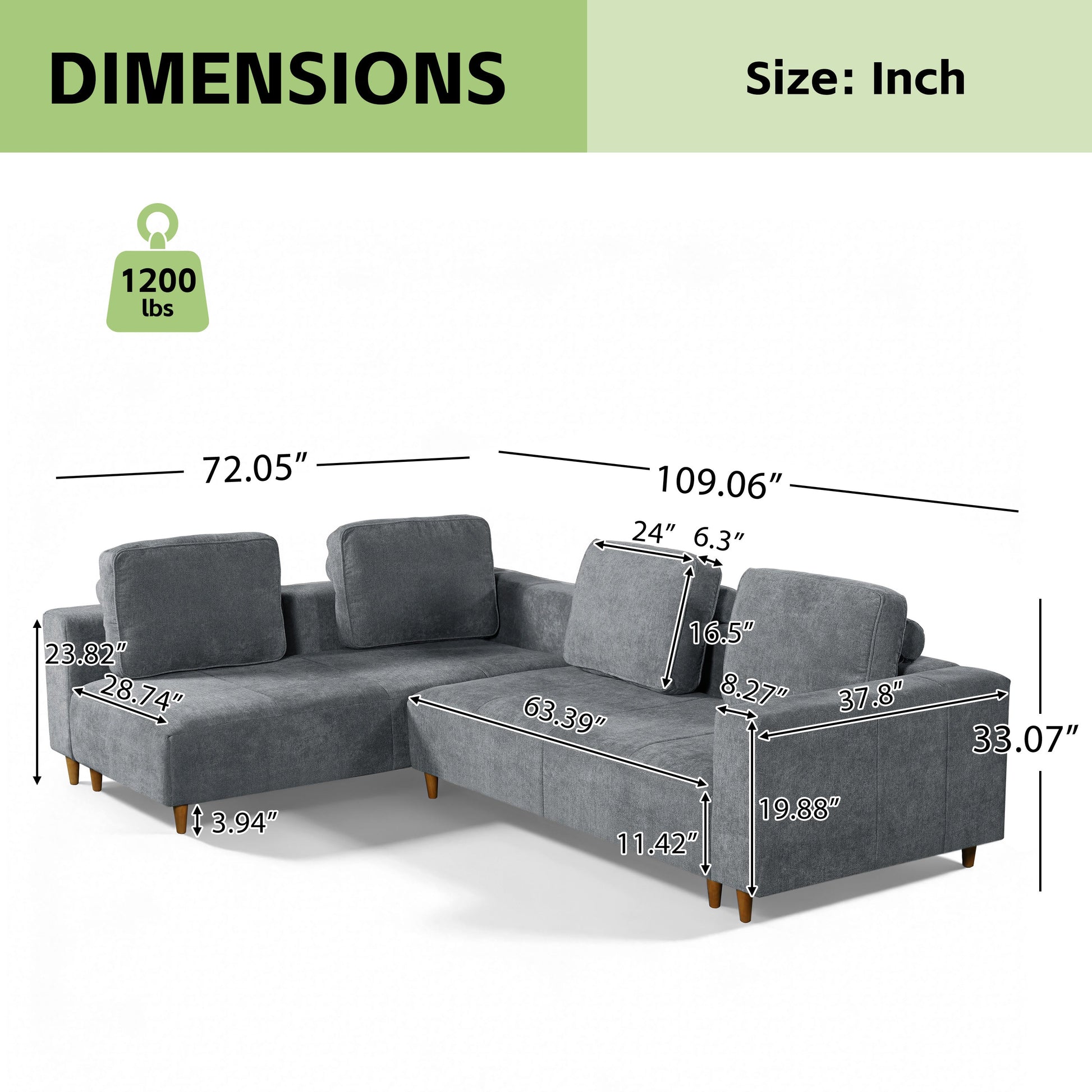 2-Piece 109in L-Shape Convertible Sectional Sofa by HouseOfZazla in dark gray fabric on Tampa Home & Garden Store