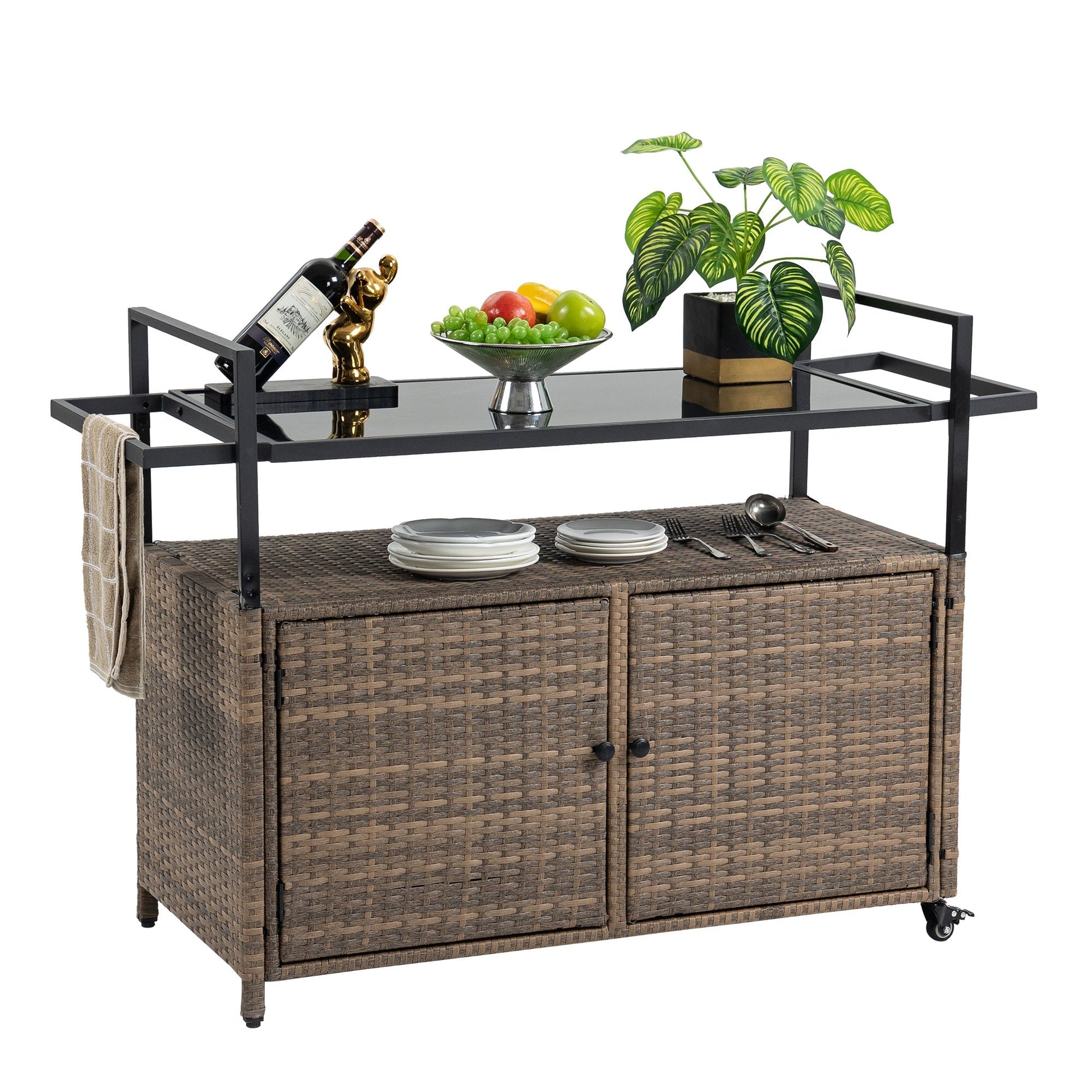 Outdoor Wicker Bar Cart with Glass Top and Wheels by HouseOfZazla, black metal frame on Tampa Home & Garden Store