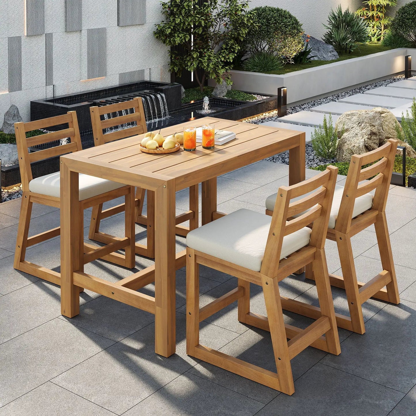 Patio Bar Set With Ergonomic Chairs, 5-piece wood outdoor dining set with cream cushions on Tampa Home & Garden Store