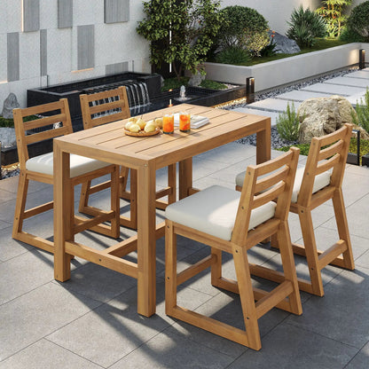Patio Bar Set With Ergonomic Chairs, 5-piece wood outdoor dining set with cream cushions on Tampa Home & Garden Store