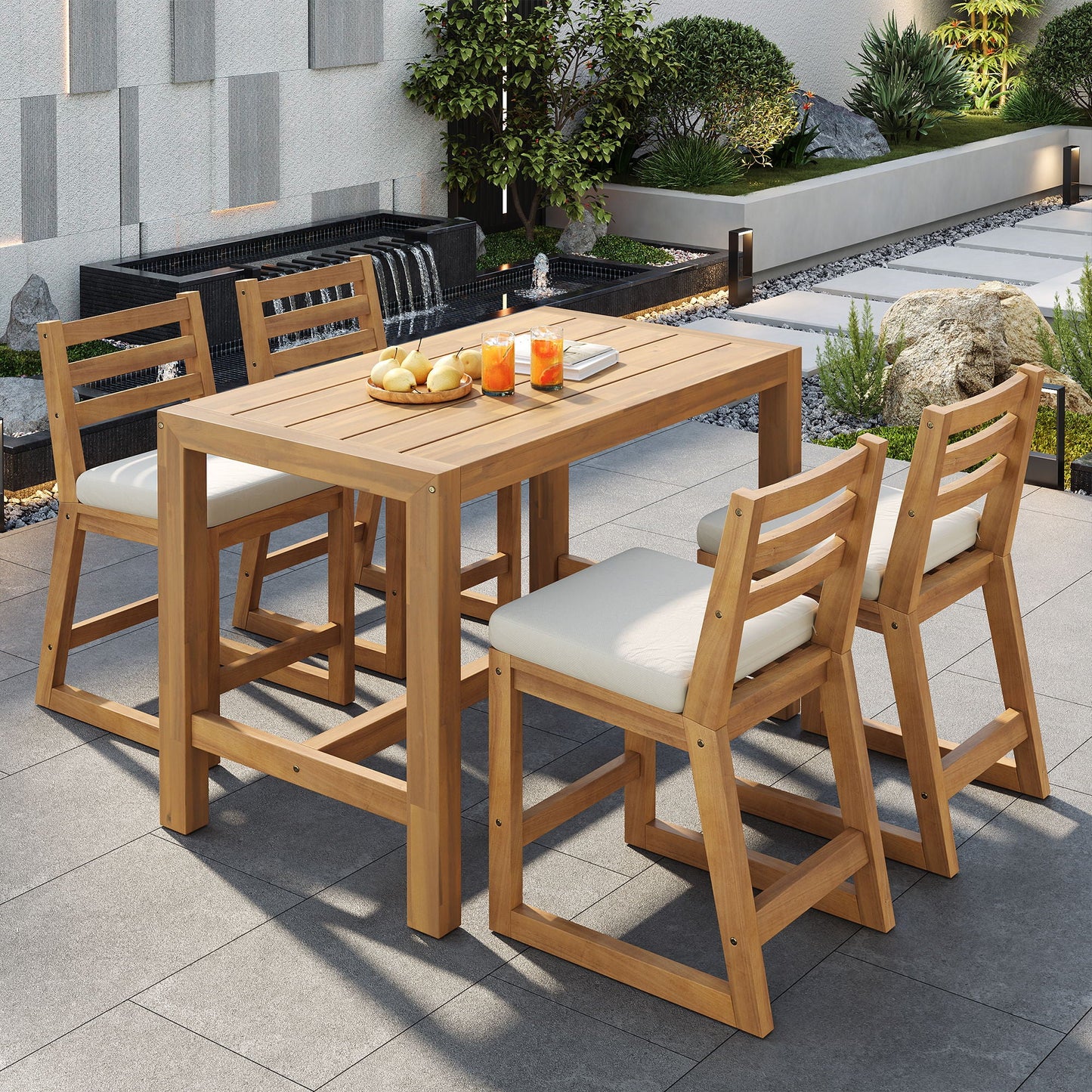 Patio Bar Set With Ergonomic Chairs, 5-piece outdoor wood dining set with white cushions on Tampa Home & Garden Store