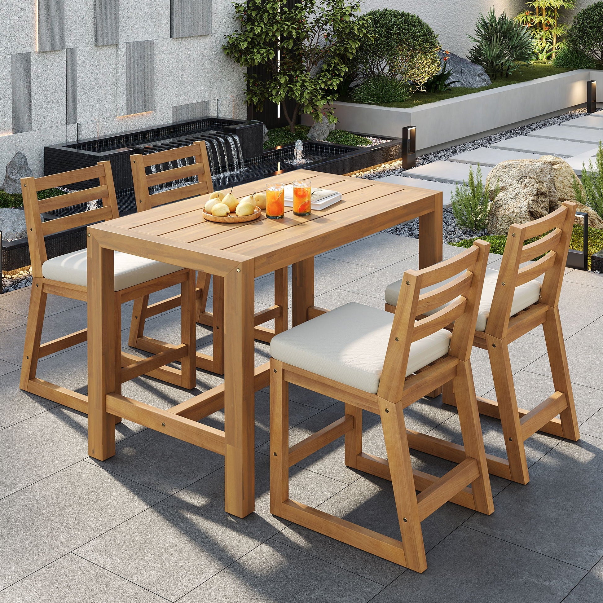 Patio Bar Set With Ergonomic Chairs, 5-piece outdoor wood dining set with white cushions on Tampa Home & Garden Store