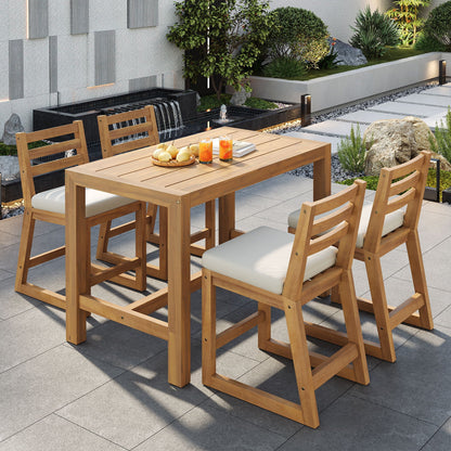Patio Bar Set With Ergonomic Chairs, 5-piece outdoor wood dining set with white cushions on Tampa Home & Garden Store