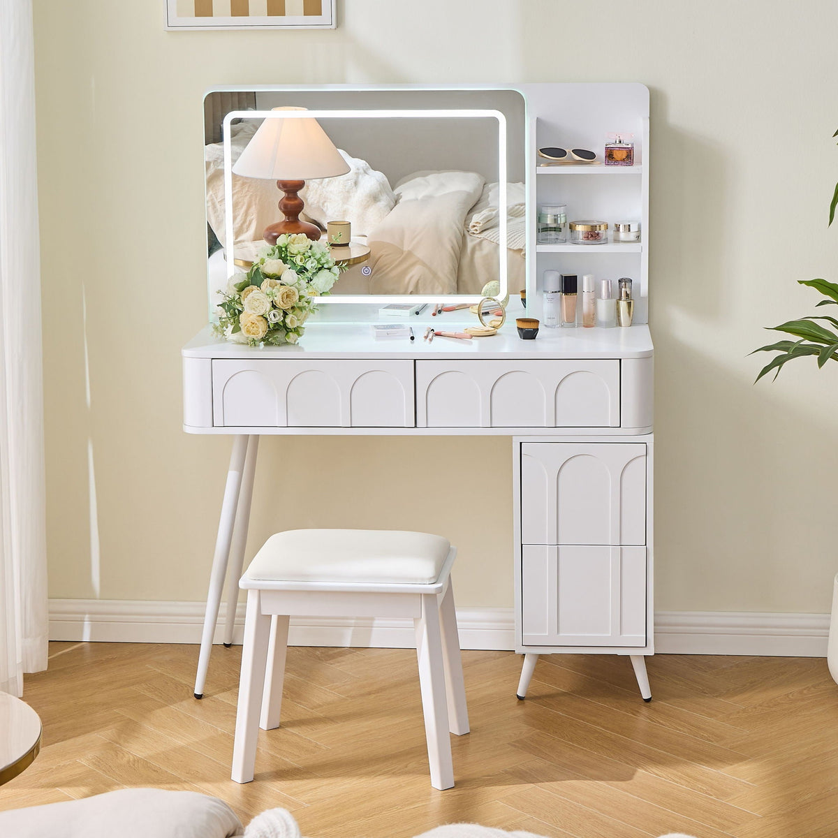 White vanity desk with LED-lit mirror and 4 drawers, space-saving dressing table on Tampa Home & Garden Store