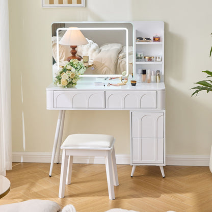 White vanity desk with LED-lit mirror and 4 drawers, space-saving dressing table on Tampa Home & Garden Store