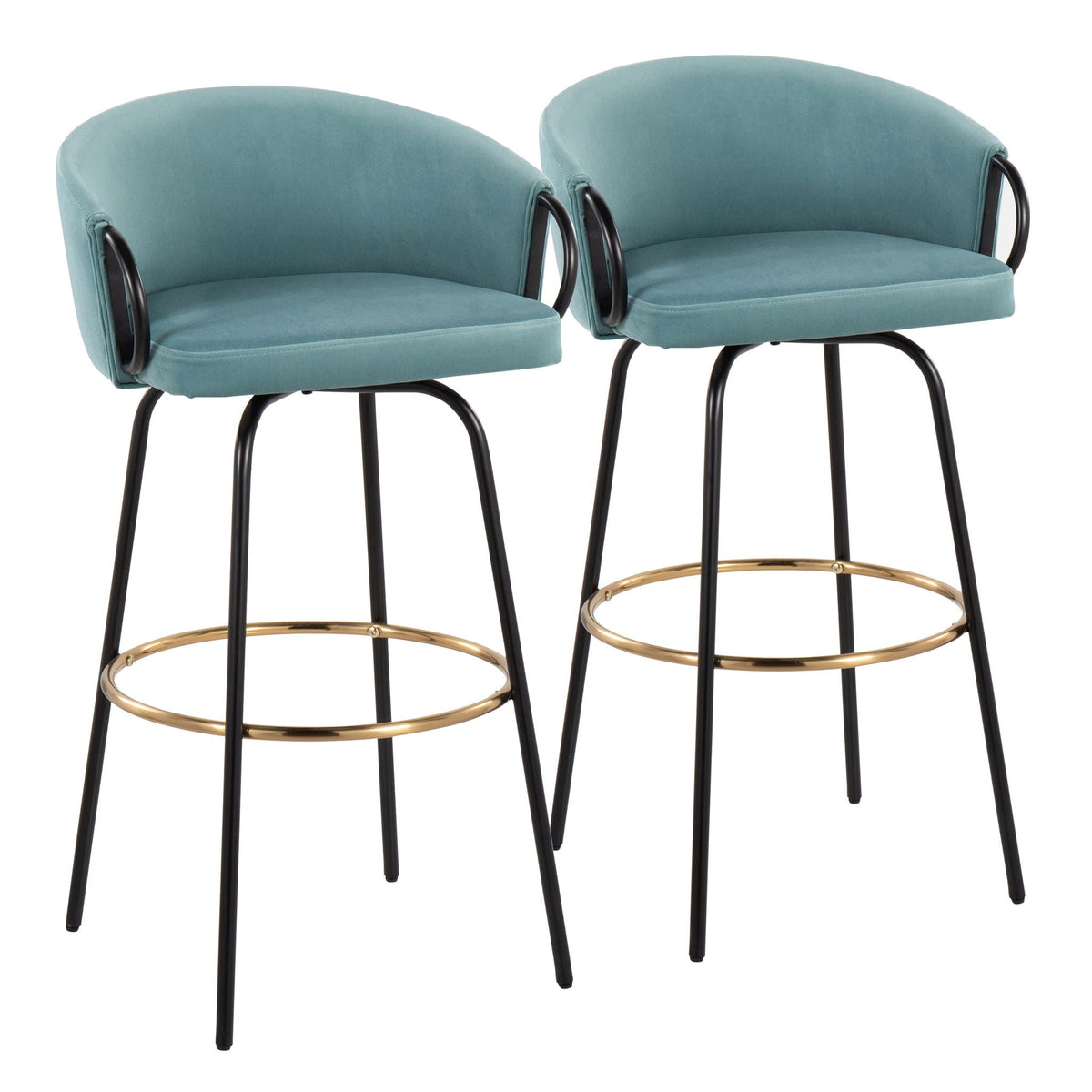 Claire Contemporary Barstools set of 2 in teal upholstery with footrests and black metal legs on Tampa Home & Garden Store