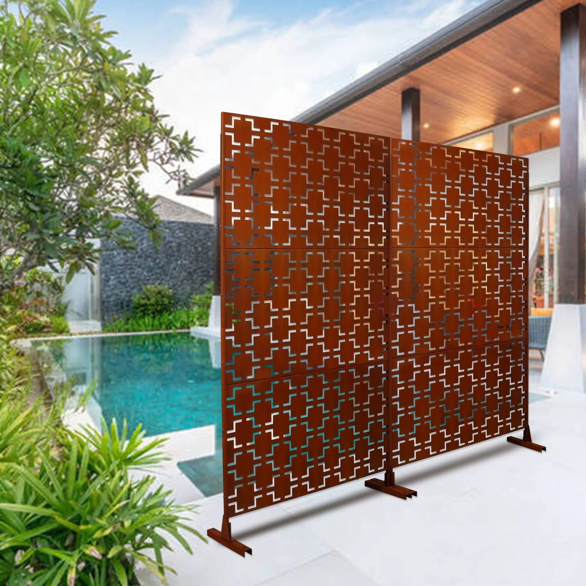 Outdoor & Indoor metal privacy freestanding decorative screen in rust with geometric cutouts on Tampa Home & Garden Store