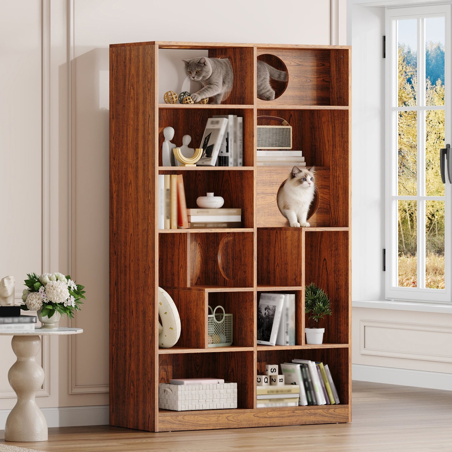 Modern 2 in 1 wood bookshelf cat house by HouseOfZazla, walnut, 2 cats on Tampa Home & Garden Store